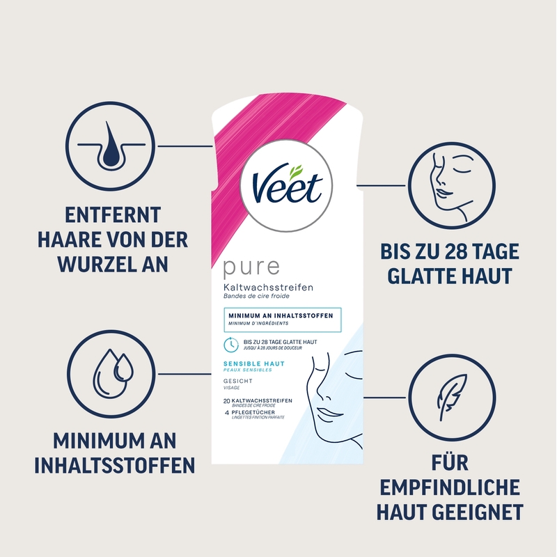 Veet PURE Kaltwachsstreifen Gesicht, sensible Haut, 20 Stück 6