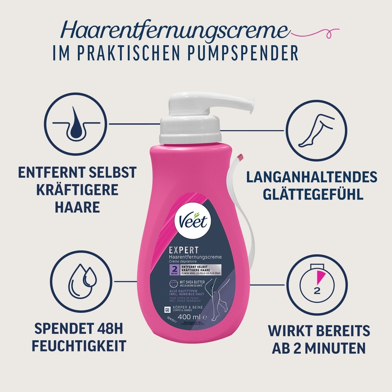 Veet EXPERT Haarentfernungscreme Körper & Beine Pumpspender, alle Hauttypen, 400ml 1