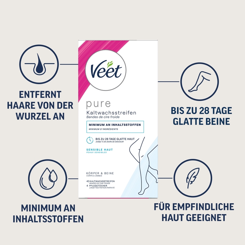 Veet PURE Kaltwachsstreifen Beine & Körper, sensible Haut, 40 Stück 10